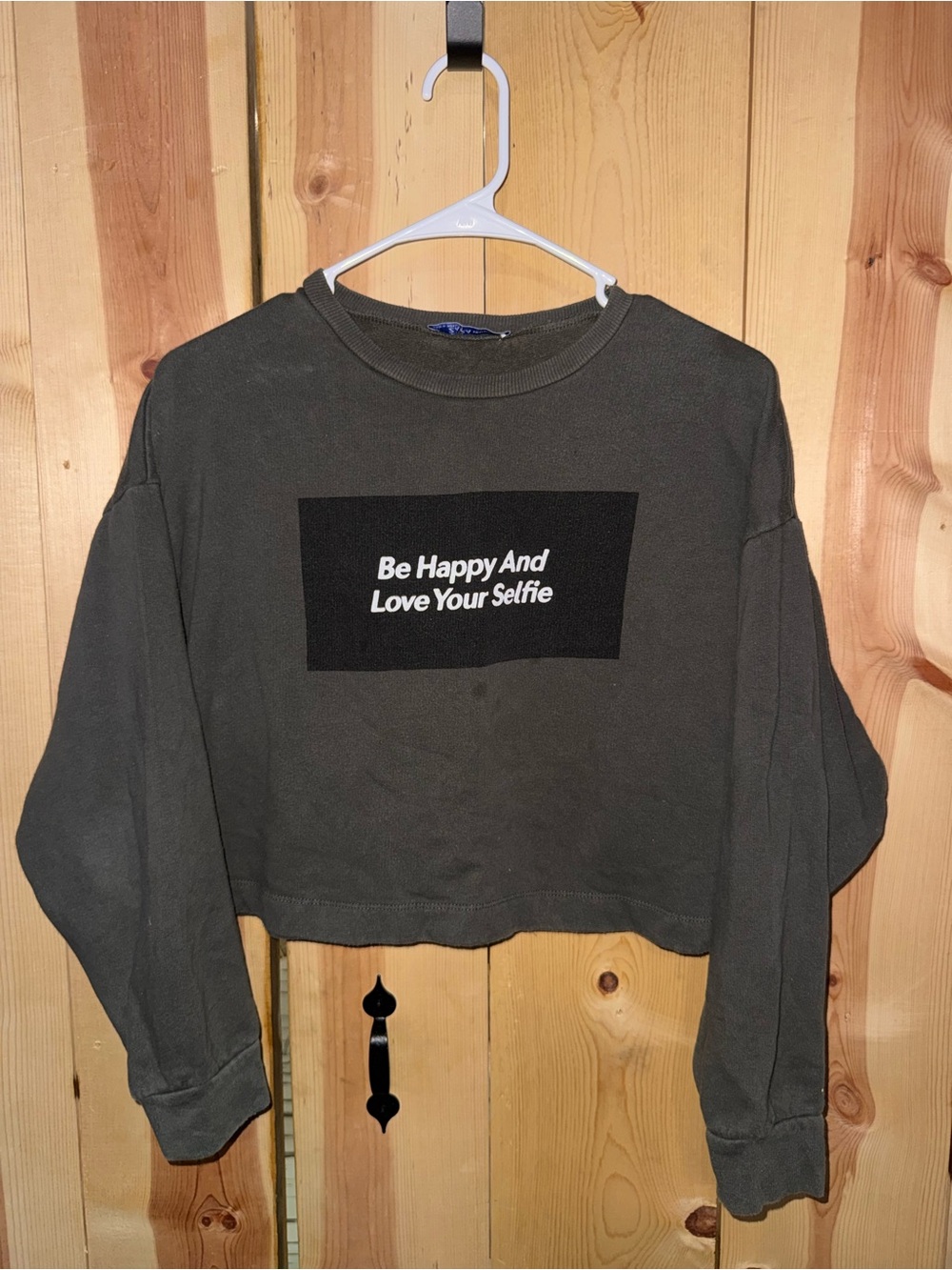Zara Olive Green Cropped Sweatshirt with Black Text Panel